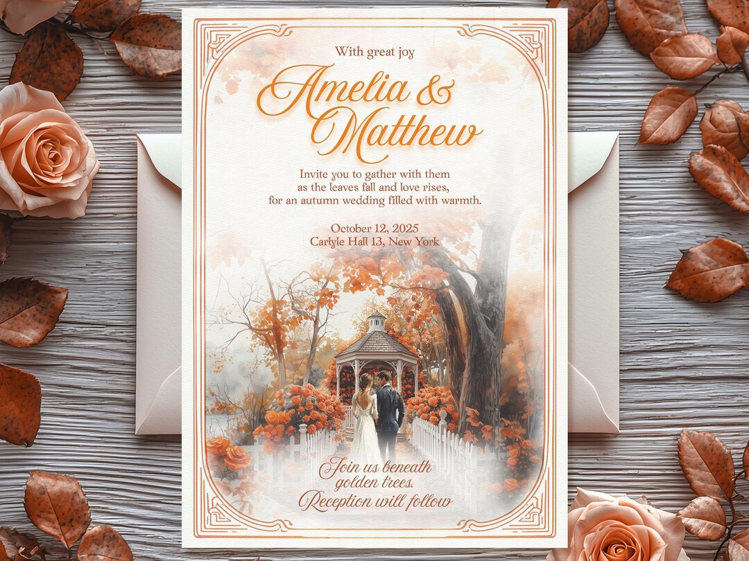 Invertion Scene Burnt Orange Watercolor Autumn Wedding Invitation: Gazebo Scene Canva ...