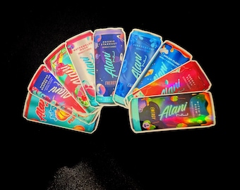 Adesivos de vinil brilhantes e holográficos para bebidas energéticas com sabor.