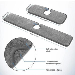 May include: Gray microfiber mop pads with reinforced edging. The pads are 24.8 inches long and 15 inches long, with a thickness of 0.39 inches. Features include double-sided water absorption and soft microfiber cloth.