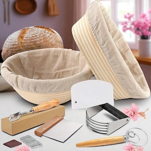 Sourdough Bread Proofing Basket Set – 11/12/14pcs Banneton Kit with Scraper, Lame, Whisk – Yeast Starter Baking Tools