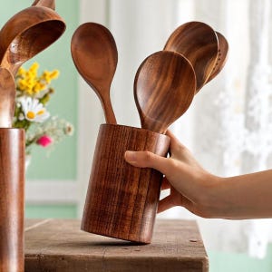 Wooden Kitchen Utensil Set with Holder: Natural Wood Cooking Tools