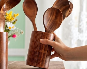 Zestaw drewnianych przyborów kuchennych z uchwytem: Naturalne drewniane narzędzia kuchenne