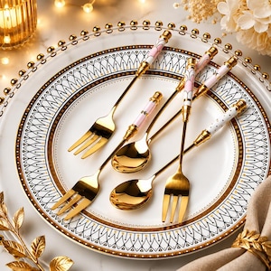 Gold Dessert Fork with Ceramic Handle, Stainless Steel Cake Fork, Pastry Fork, Fruit Fork, Luxury Tea Party Cutlery, 1 Pc