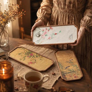 Könnte beinhalten: Serviertabletts aus Holz mit aufwendigen, asiatisch inspirierten Kunstwerken. Die Tabletts haben eine rechteckige Form mit abgerundeten Ecken und einem dunklen Holzrahmen. Die Kunstwerke zeigen Blumen- und Vogelmotive in Rosa, Gelb und Grün mit Kalligraphie.