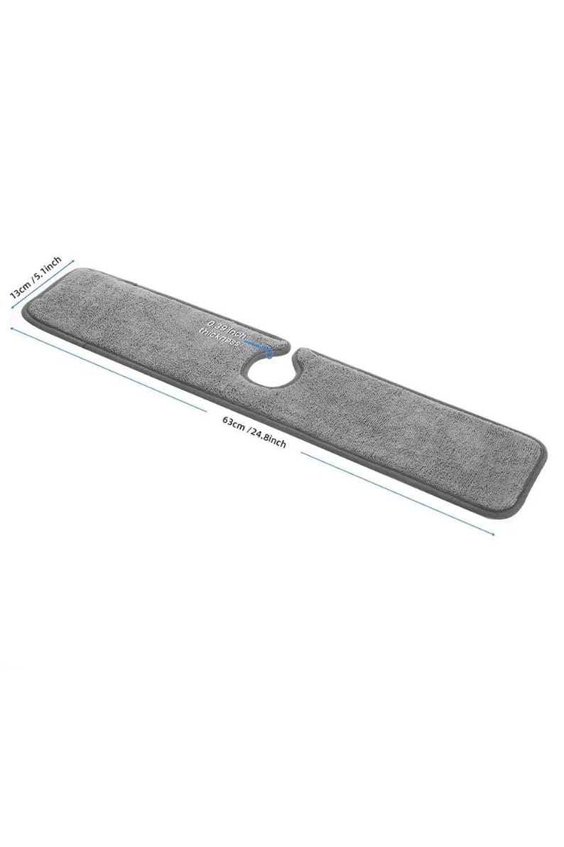 May include: A rectangular gray microfiber mop pad with a curved cutout. The pad is 24.8 inches long, 5.1 inches wide, and 0.39 inches thick. The pad is designed for cleaning floors.