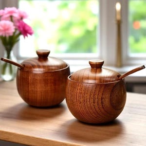 Wooden Sugar Bowl with Lid and Spoon, Rustic Spice Jar, Sugar Cellar, Seasoning Container, Natural Kitchen Storage Jar