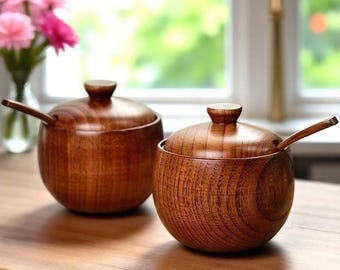 Wooden Sugar Bowl with Lid and Spoon, Rustic Spice Jar, Sugar Cellar, Seasoning Container, Natural Kitchen Storage Jar