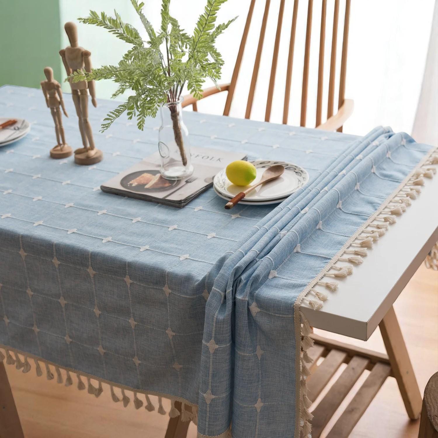 Japanese Cotton Linen Tablecloth, Blue Striped Plaid Embroidery, Thick Rectangle  Banquet Table Cover, Cotton Linen Embroidered Cover