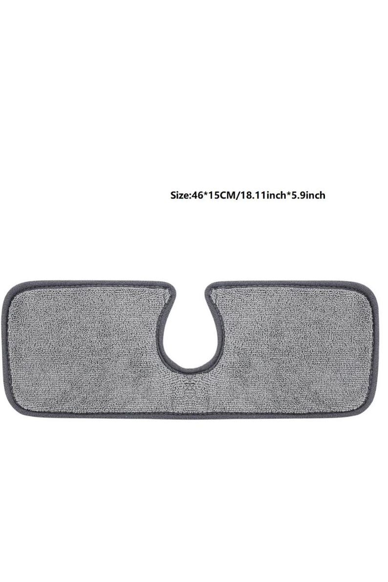 May include: A gray microfiber sink mat with a U-shaped cutout. The mat is rectangular, with dimensions of 18.11 inches by 5.9 inches, and a dark gray border. The text "Size: 46*15CM/18.11inch*5.9inch" is at the top.