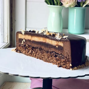 PDF recept chocolade-karamel-entremet, gelaagde moussecake, gastronomisch dessert downloaden, pindapralinécake, cake met spiegelglazuur, marscake