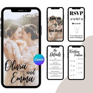 Convite de casamento entre pessoas do mesmo sexo – Modelo editável do Canva – Convite digital para casal lésbico – Cartão eletrônico animado para casamento