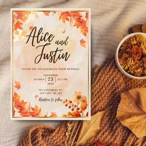 Sjabloon bruiloft uitnodiging herfst | Digitale uitnodiging herfstbladeren | Rustieke boho printbaar voor bruiloft