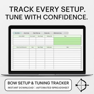 Booginstelling en tuning-tracker | Logboek boogschieten | Pijl instellen | Vizierkaart | Bowhunting-uitrustingplanner | Excel + Google Spreadsheets