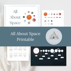 May include: A collection of space-themed printable educational materials. The design includes illustrations of planets, a solar system diagram, and the text "All About Space." The color palette features orange, green, and blue.
