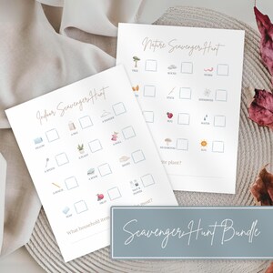 May include: Two white paper scavenger hunt sheets with the titles "Indoor Scavenger Hunt" and "Nature Scavenger Hunt". The sheets have boxes with illustrations of items to find. A blue rectangular sign reads "Scavenger Hunt Bundle".