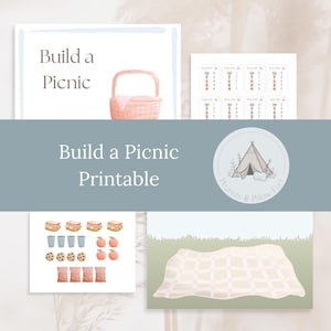 May include: A collection of printable picnic-themed graphics. The top graphic features the text "Build a Picnic" with a watercolor illustration of a picnic basket. Other graphics include picnic food items like sandwiches, cookies, and chips. A picnic blanket is also shown.