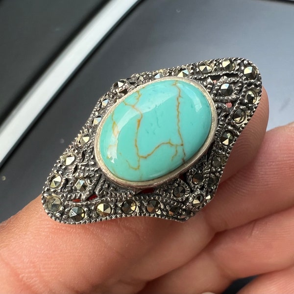 925 Sterling Silver Close OUT Estate SALE  Turquoise and Marcasite Art Deco Marcasite Ring Band Size 6.5 7.5 Vintage Treasure Sale TR375