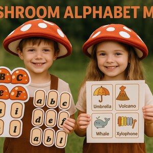 Juego imprimible de combinación de letras de hongos del alfabeto • Juego de combinación de letras de la A a la Z + páginas adicionales • Actividad educativa para preescolar y educación en el hogar