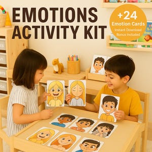 Abbina le emozioni • Gioco di puzzle stampabile sui sentimenti per bambini • 24 volti emozionali + 6 pagine da colorare bonus • PDF SEL • Download immediato
