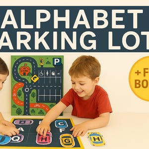 Alfabeto imprimible de estacionamiento – Juego de emparejamiento del abecedario – Actividad de reconocimiento de letras para preescolares – PDF educativo para niños – Diversión con la motricidad fina