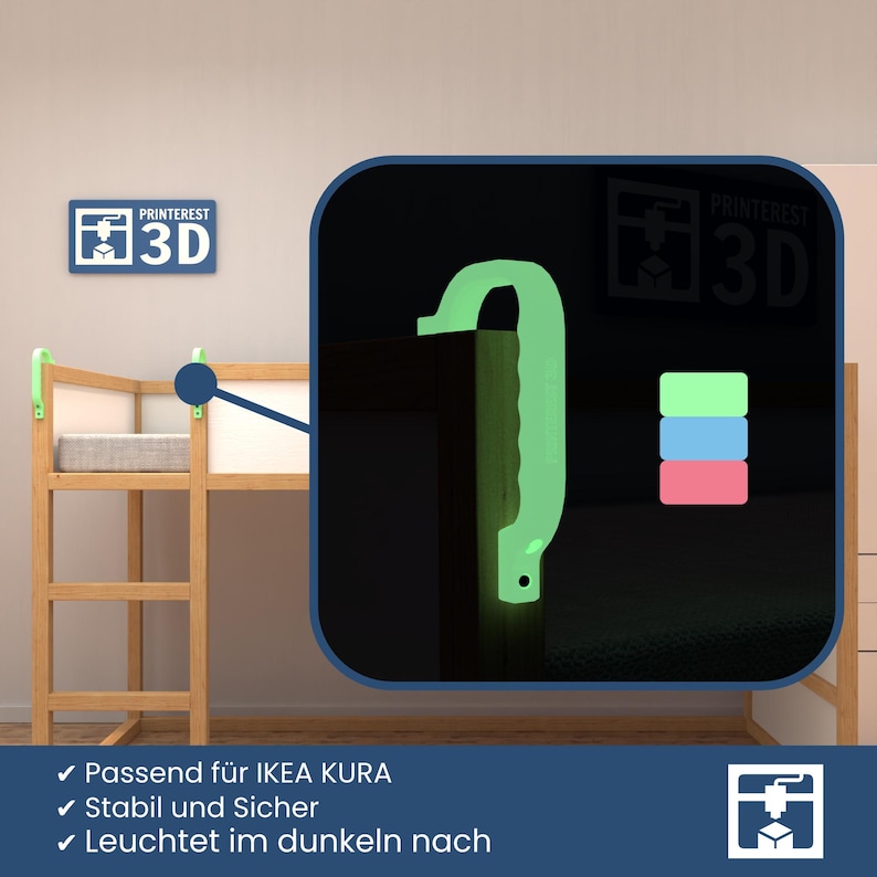 IKEA KURA Bett Griffe | Kinder Bett Zubehör | Glow in the Dark | Sicherer Aufstieg | Montessori Kinderzimmer bild 1