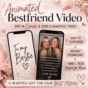 Puede incluir: Imagen promocional para un vídeo animado para tu mejor amigo. La imagen presenta dos smartphones que muestran una foto y texto. El texto incluye "To my Bestie" y "I love you big". Fácil personalización y descarga instantánea.