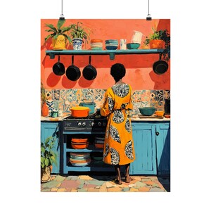 Vibrant Black Woman Kitchen Art Poster, Colorful Wall Decor, Kitchen Aesthetic, African American art, black art prints, Maximalist