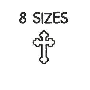 May include: A black outline of a cross with rounded edges is centered on a white background. Above the cross, the text "8 SIZES" is written in a bold, black font.