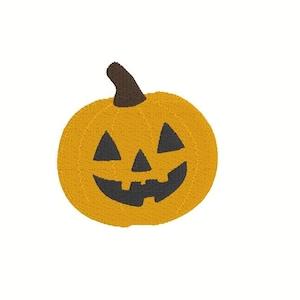 May include: A yellow embroidered pumpkin with a smiling face and a dark brown stem. The pumpkin has triangular eyes and a wide, toothy grin. This Halloween-themed design is perfect for patches, appliques, or other craft projects.