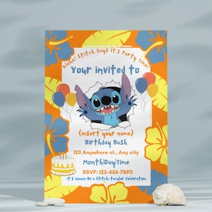 Cartão temático de aniversário com ponto de costura editável - convite para impressão, cartão de aniversário Lilo&stitch - azul, laranja, amarelo - cartão de aniversário de verão