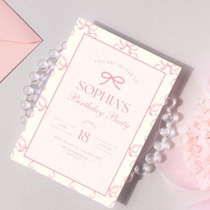 editable Pink Bow Birthday Invitation - Elegant Girl’s Party Template-Soft Pink Girl Birthday Party Invite-Pink Ribbon Birthday Invitation