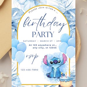 Carte de fête d'anniversaire de point modifiable, invitation de point bleu. Faire-part d'anniversaire Lilo&Stitch