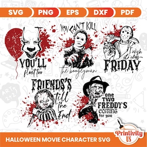 Horror Movie Character Svg Set of 5, Halloween Horror Characters Png, Horror Killers Svg, Scary Movie Svg, Halloween Svg, Cricut, Cutfile