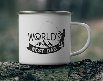 Tazza da campeggio smaltata per gli amanti della pesca, regalo per papà, tazza per avventure all'aria aperta, campeggio per la festa del papà, tazza per il miglior papà di sempre, tazza per papà