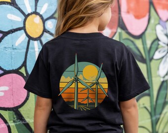 Maglietta retrò per ragazzi con turbine eoliche / Regali per bambini a tema energie rinnovabili