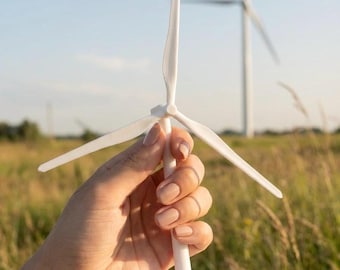 Wind Turbine Miniature Model | 3D Printed, Desk Decor 10 inches Tall, Spinning Blades