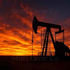 May include: A black silhouette of an oil pump jack stands against a vibrant sunset sky filled with orange, red, and deep purple clouds. The text Shift Crew Co is visible in a faint, repeating pattern across the image, overlaying the horizon.
