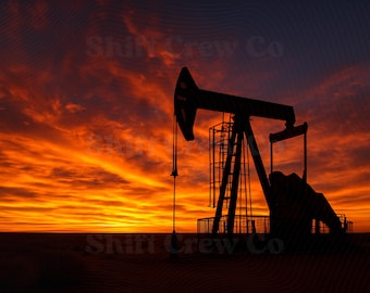 Download digitale di una stampa fotografica industriale di un tramonto con una pompa petrolifera / Decorazione per piattaforma petrolifera, stampa fotografica industriale