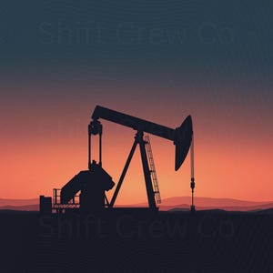 May include: Silhouette of an oil pump jack against a vibrant sunset sky. The pump jack is a dark shape, contrasted by the orange and red hues of the sky. The image evokes themes of industry and the natural world.