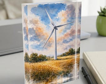 Quadro su acrilico con stampa a turbina eolica ad acquerello / Espositore da scrivania per energie rinnovabili