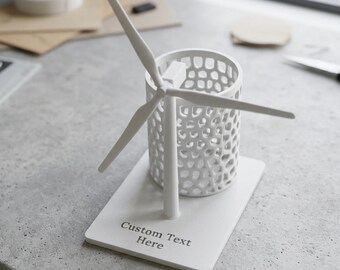 Portalápices con forma de turbina eólica y texto personalizado / Impresión 3D, decoración de escritorio, aspas giratorias
