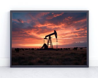 Poster fotografico di un tramonto con una pompa petrolifera / Decorazione murale a tema petrolio e gas, arredamento per la casa a tema giacimenti petroliferi