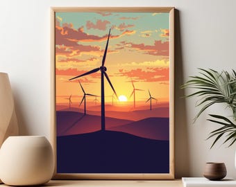 Poster arrotolato con tramonto e turbina eolica / Quadro da parete con paesaggio a energia rinnovabile, decorazione ecologica