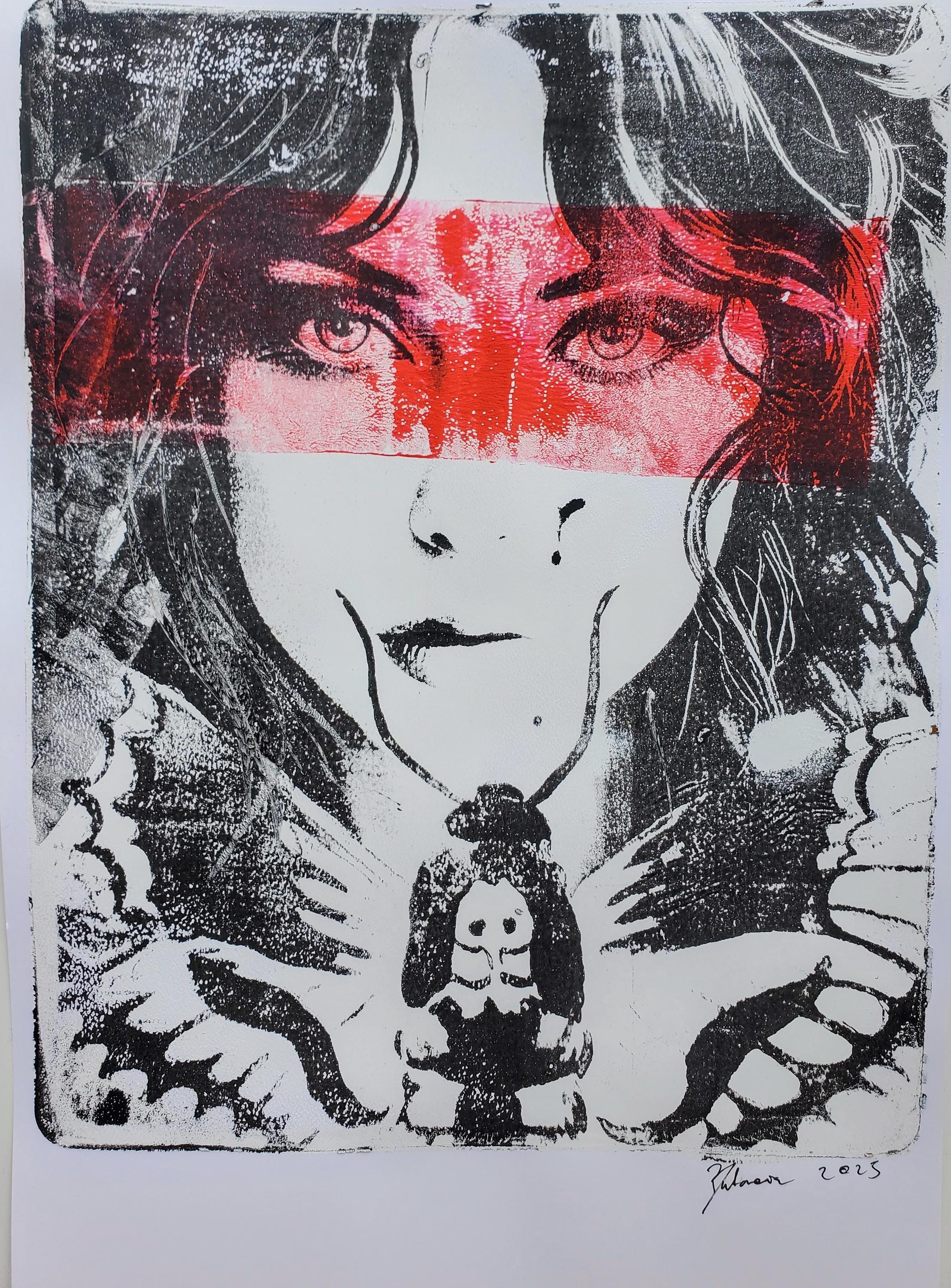 Monoprint handmade# photo transfer #geli plate # red eyes# portrait# moth