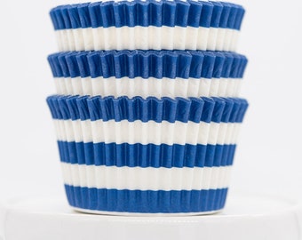 Stripe Blue Cupcake Liners | Rugby Striped Blue Greaseproof Baking Cups - 36 count pack