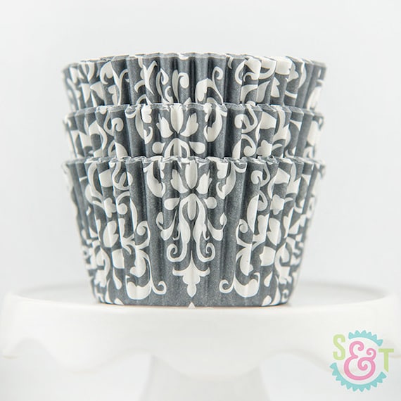 Damask Gray Cupcake Liners Gray Damask Greaseproof Baking Cups