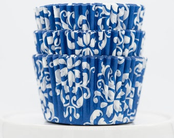 Damask Blue Cupcake Liners | Blue Damask Greaseproof Baking Cups - 36 count pack