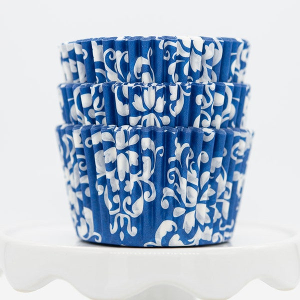 Damask Blue Cupcake Liners | Blue Damask Greaseproof Baking Cups - 36 count pack