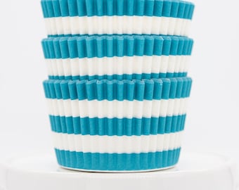 Stripe Aqua Cupcake Liners | Rugby Stripe Aqua Blue Greaseproof Baking Cups - 36 count pack