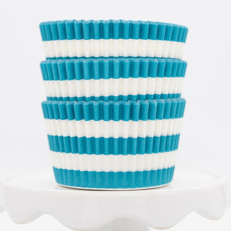 Stripe Aqua Cupcake Liners Rugby Stripe Aqua Blue Greaseproof Baking Cups 36 count pack image 1